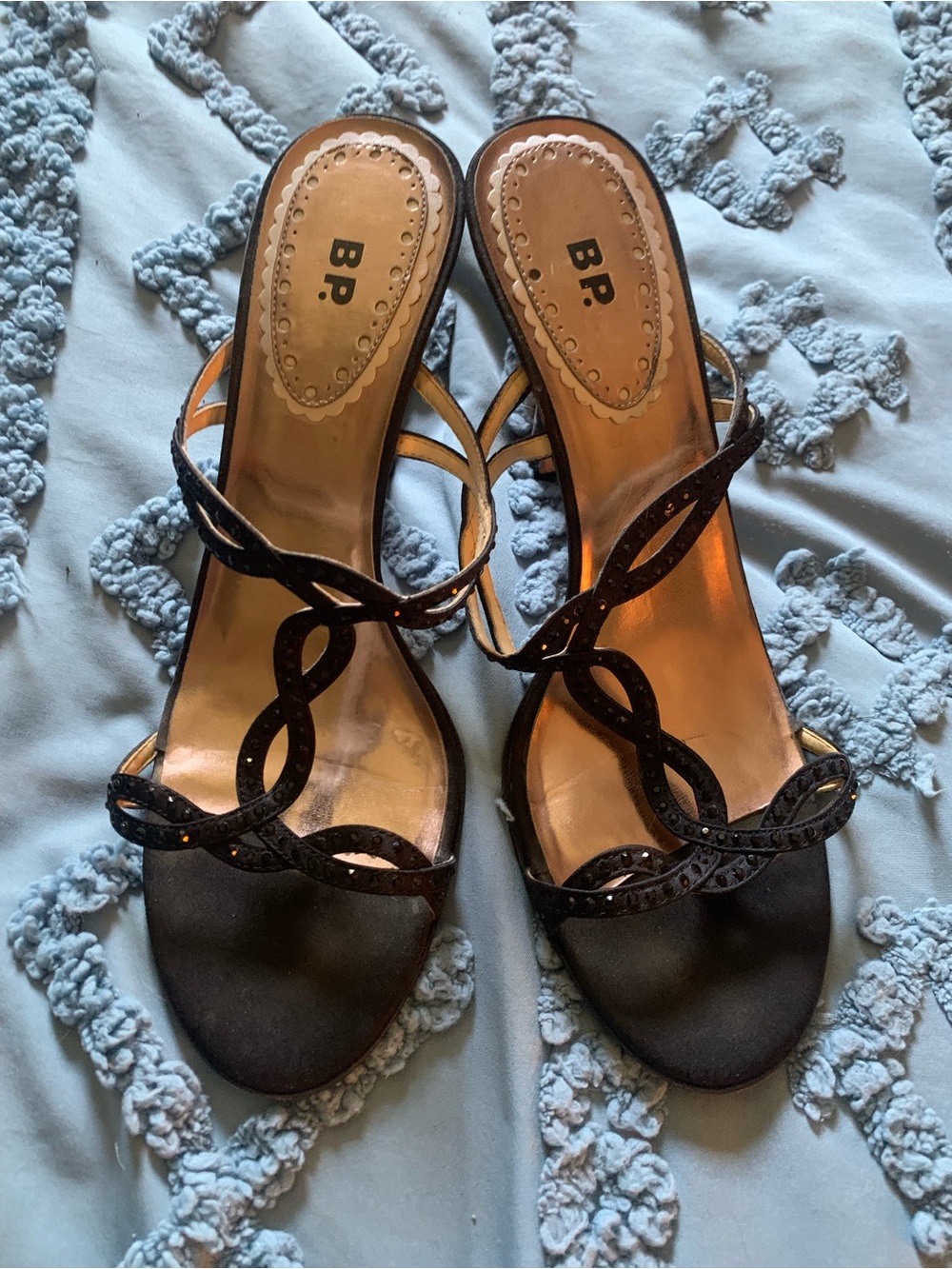 Nordstrom BP. Y2K Black Strappy Heeled Sandals with Rhinestone Twist Straps